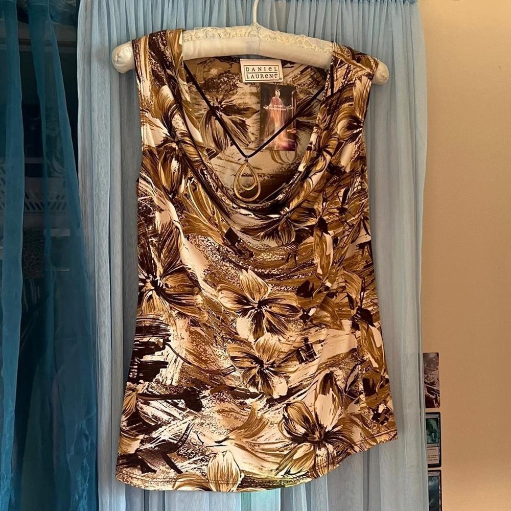 Cowl-Neck Earthy Floral Top w/ Attached Necklace